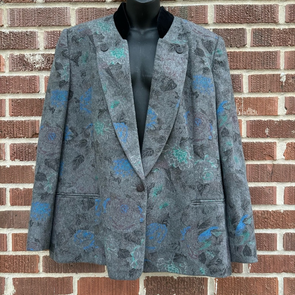 VTG George Simonton Long Sleeve One Button Gray floral  Blazer Sz 18 Made in USA